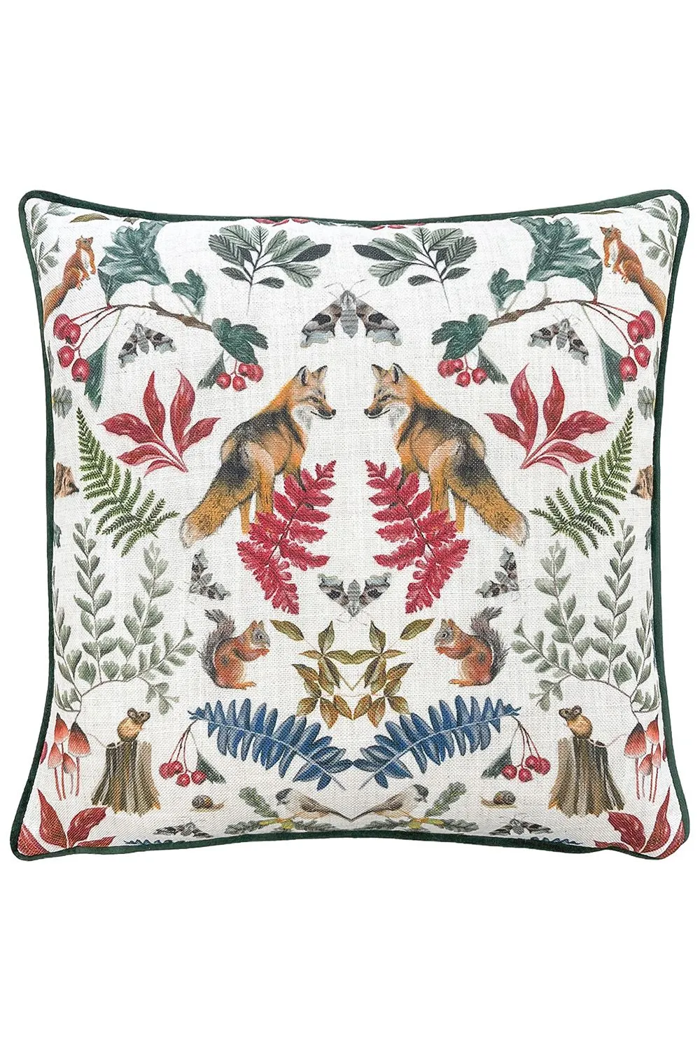 Evans Lichfield Mirrored Fox Watercolour Printed Piped Cushion in Dark Green