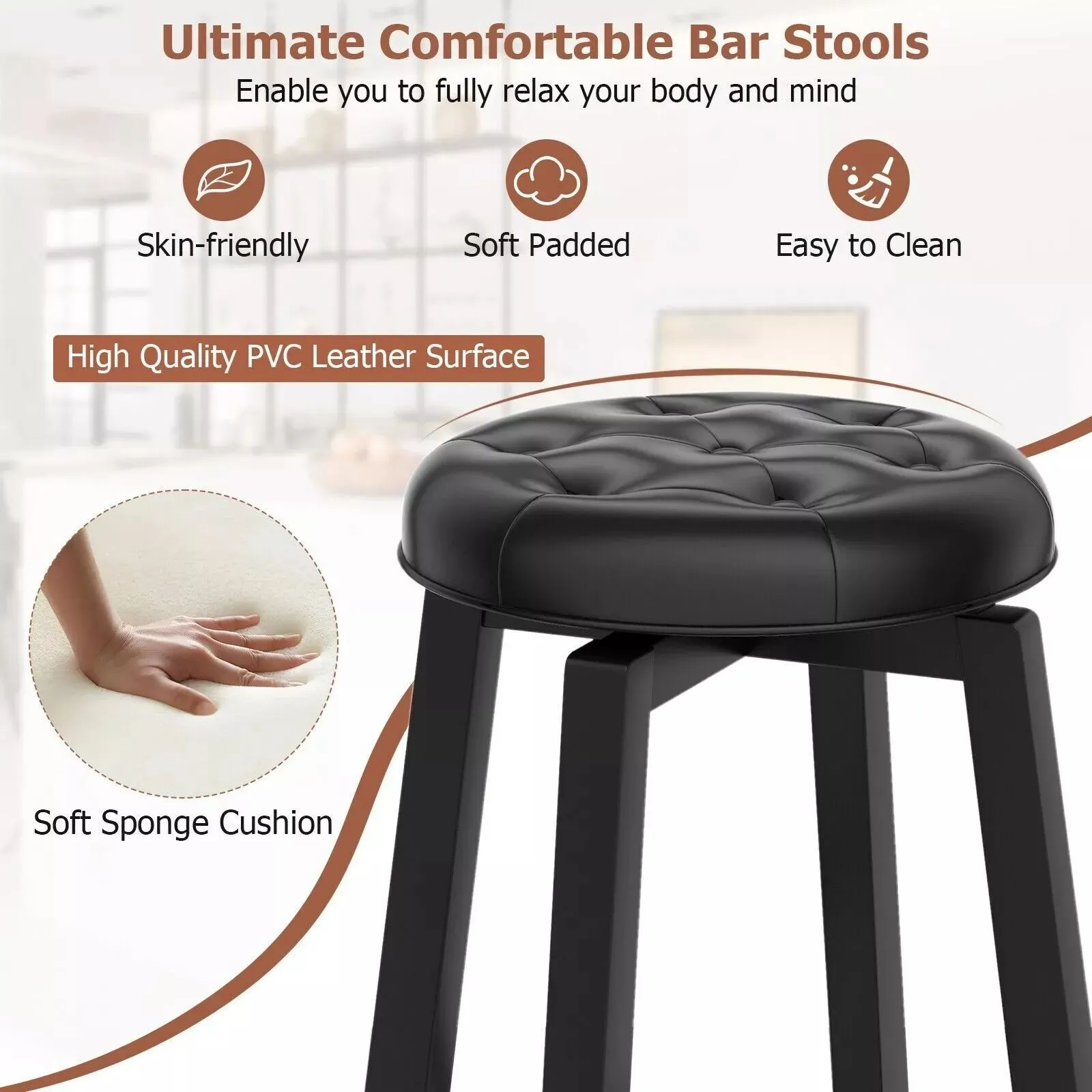 Costway Set of 2 Bar Stools Kitchen Upholstered Chair 360 Swivel Pub Stool 76cm in Black 5