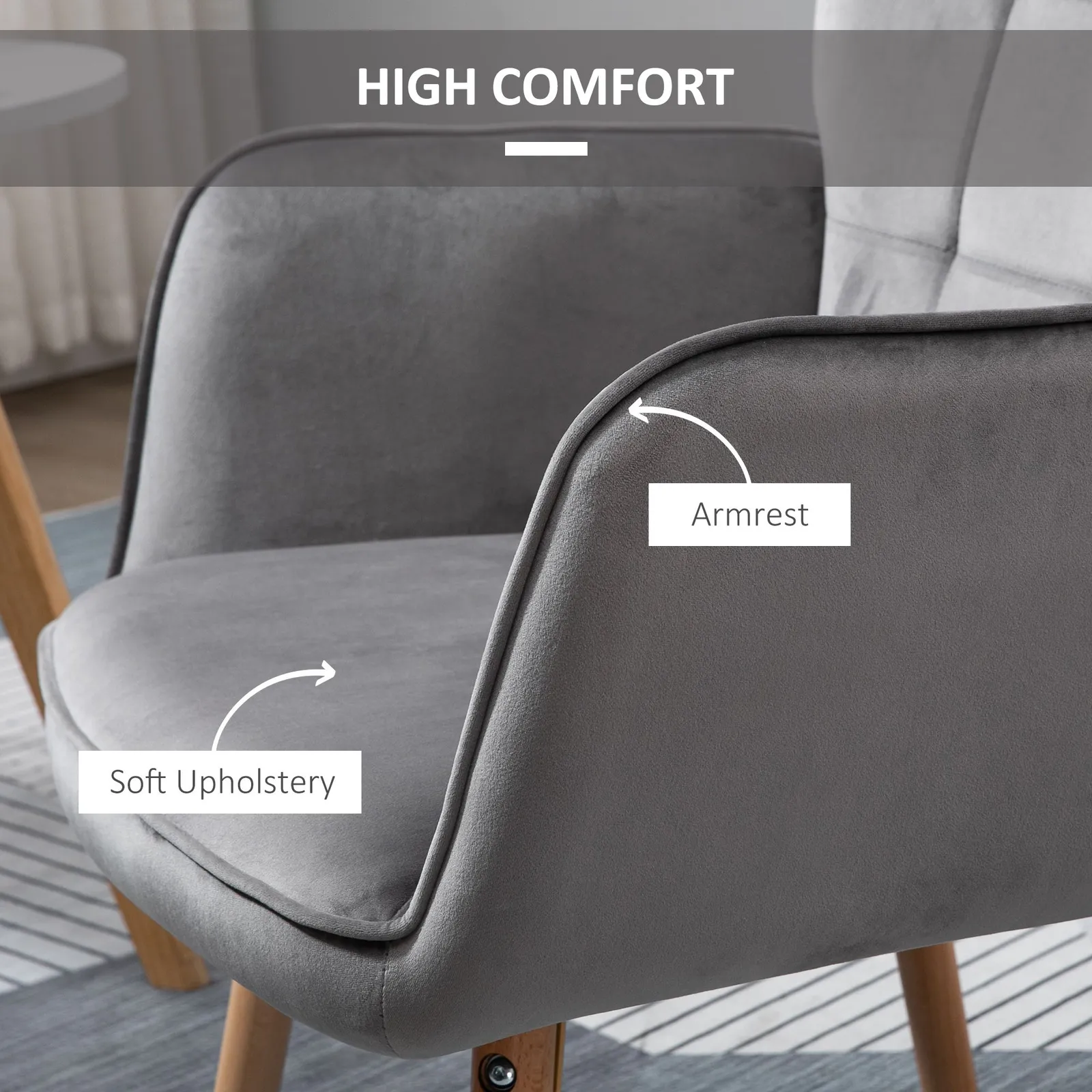 HOMCOM Modern Accent Chair Velvet-Touch Tufted Wingback Armchair Wood Legs in Grey 4