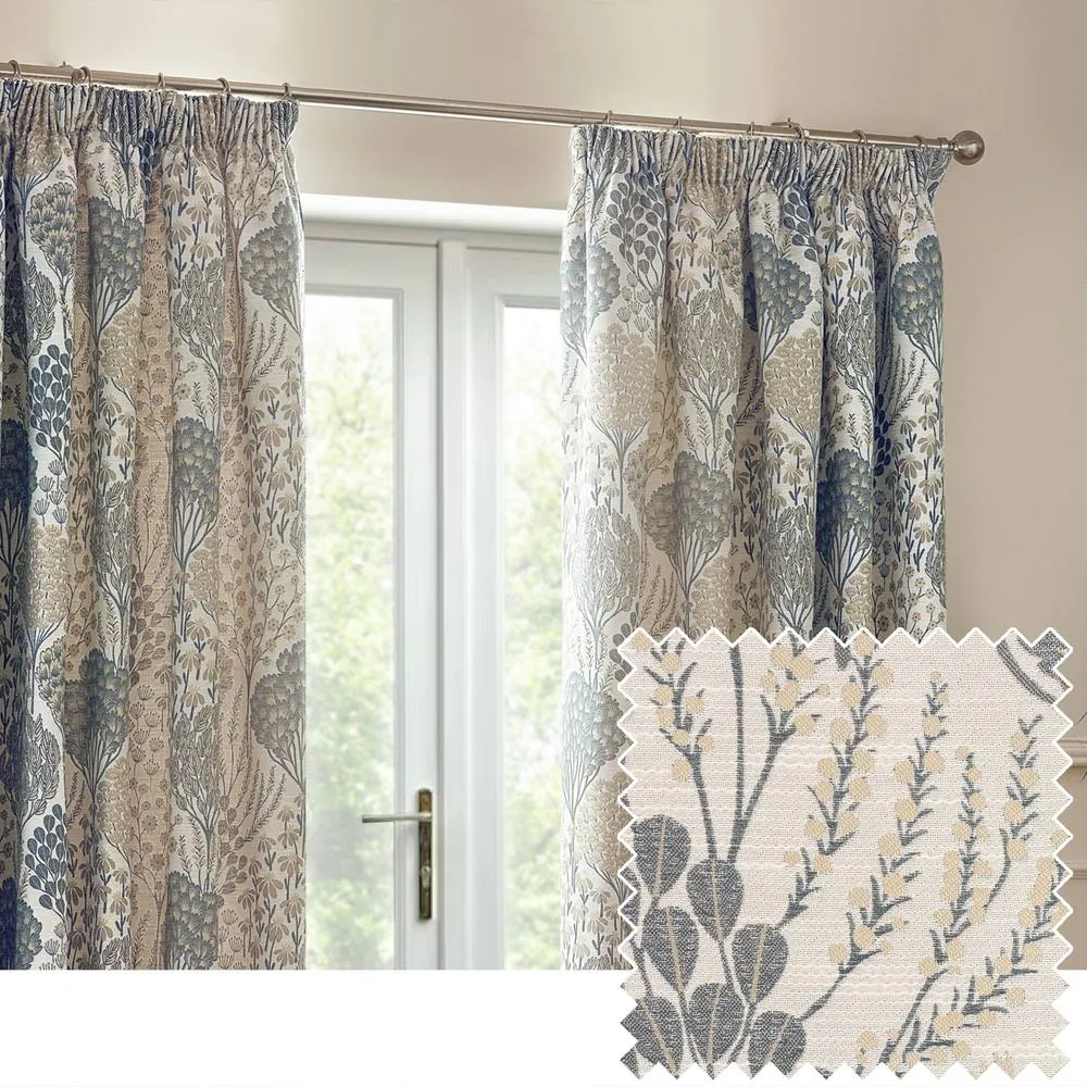 Wylder Ophelia Floral Room Darkening Pencil Pleat Curtain Pair in Mid Blue 1