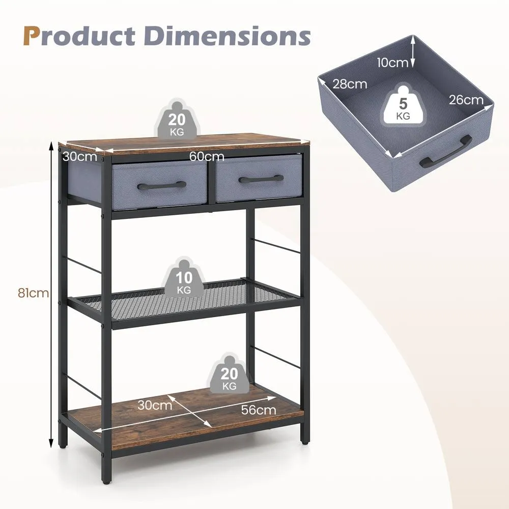 Costway Narrow Console Table w/ 2 Fabric Drawers 3-Tier Table Storage Rack in Brown 2