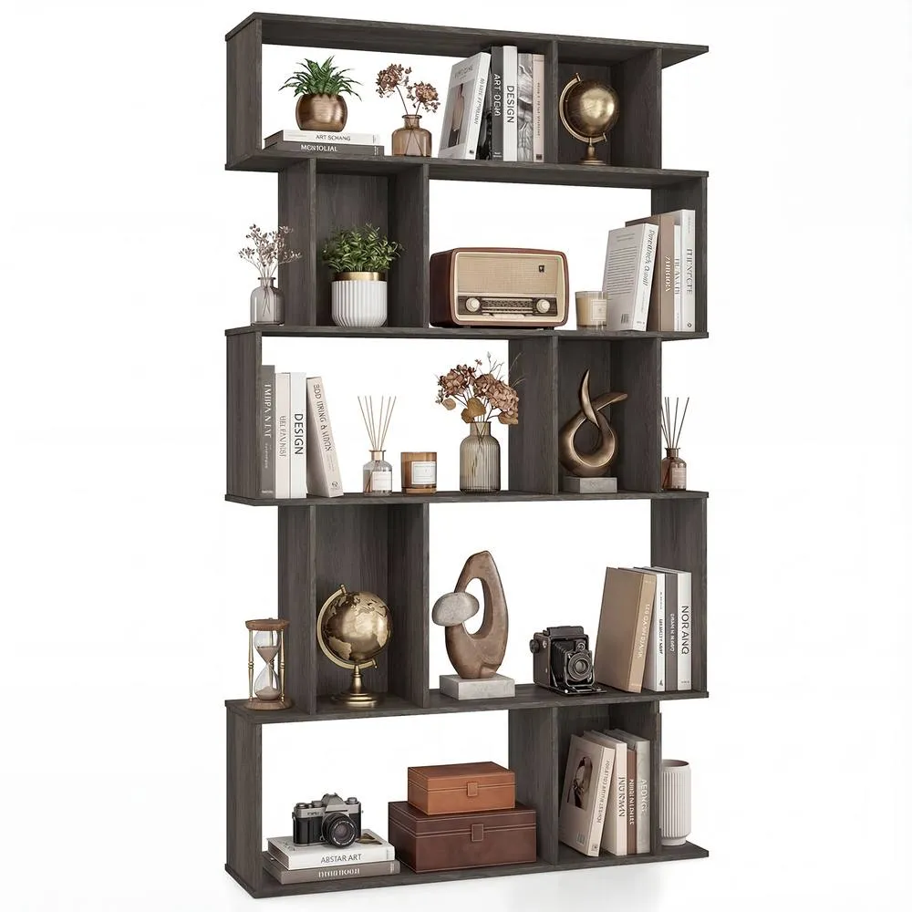 Costway Geometric Bookshelf 5-Tier Bookcase with Open Shelves in Brown 6