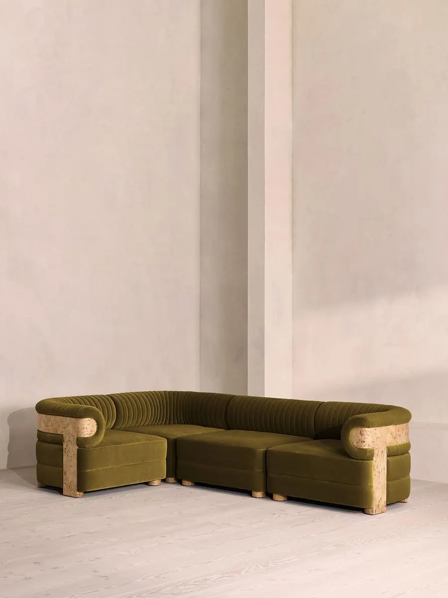 Caleb Modular L-Shape Sofa, Velvet, Olive, Blonde Burl