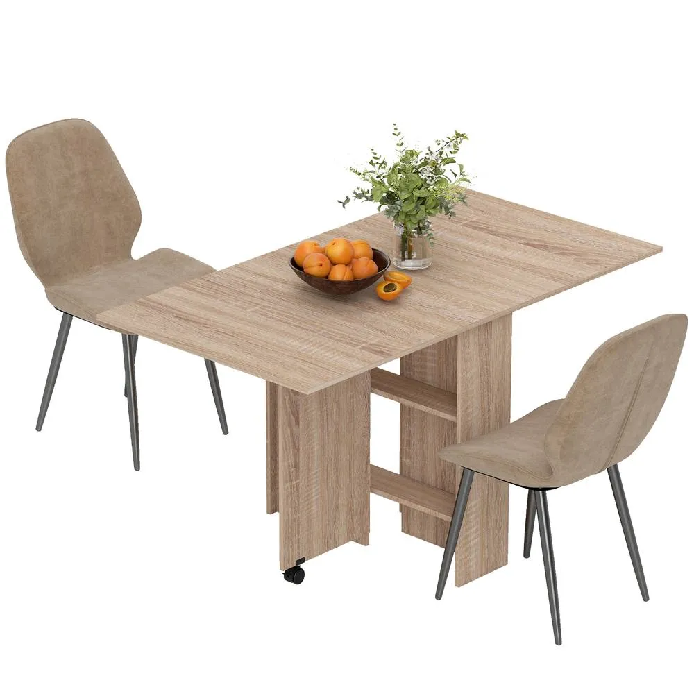 HOMCOM Dining Table Set, Folding Kitchen Table with Storage, 2 Chairs in Natural