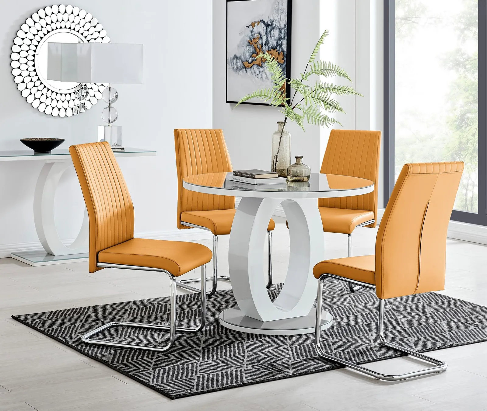 FurnitureboxUK Giovani Round 4 Seat 100cm White High Gloss Unique Halo Base Grey Glass Top Dining Table 4 Soft Faux Leather Lorenzo Chairs 1