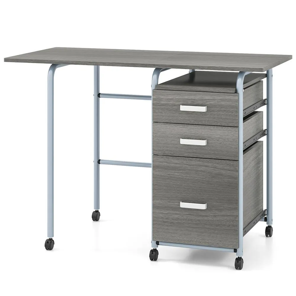 Costway Folding Computer Desk Wheeled Home Office Workstation W/ 3 Drawers in Grey 3