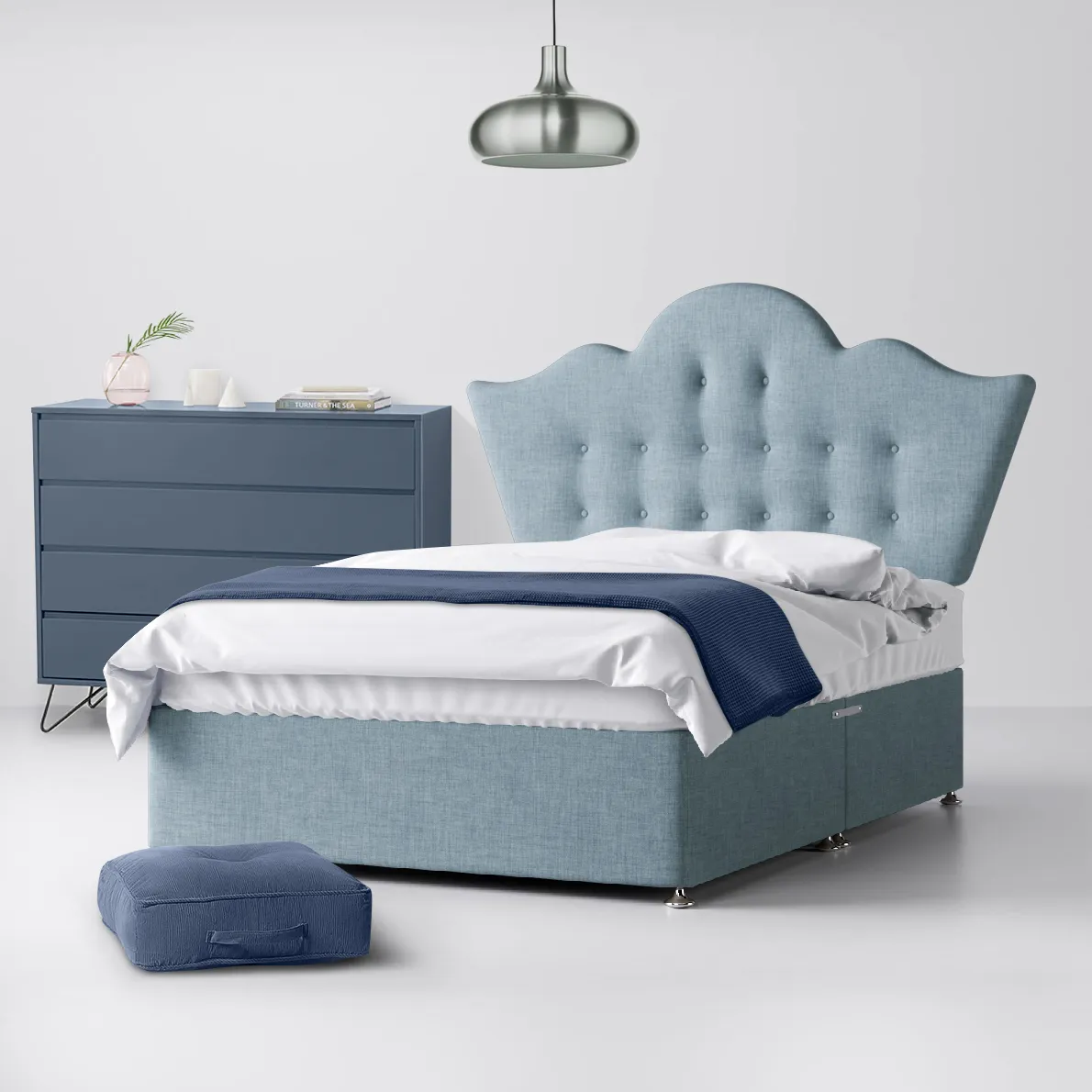 Florence Buttoned Duck Egg Blue Fabric Ottoman Divan Bed - 4ft Small Double