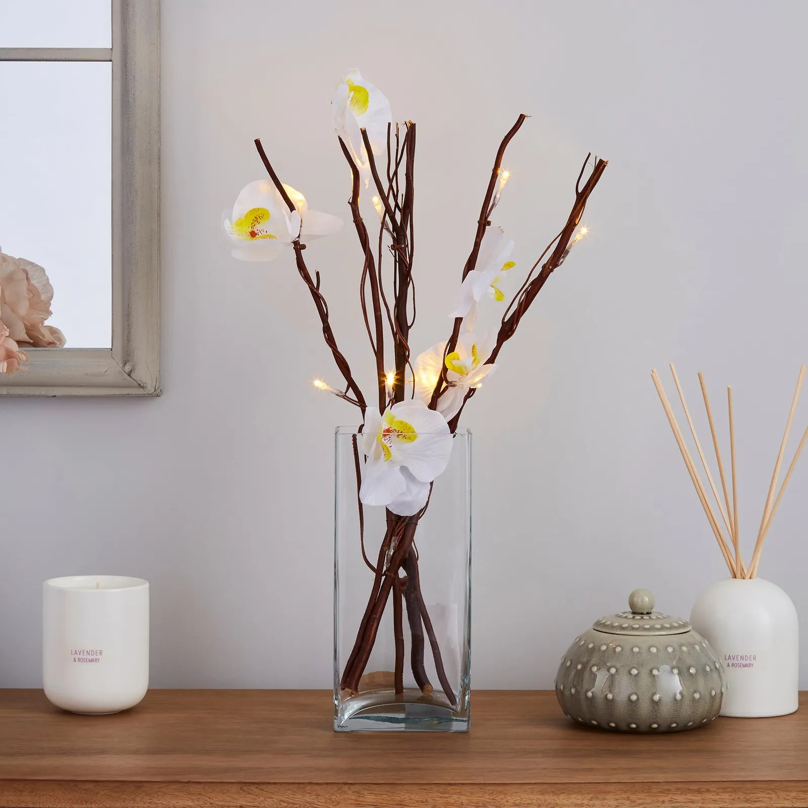 White Orchid Brown Mini Twig Lights White