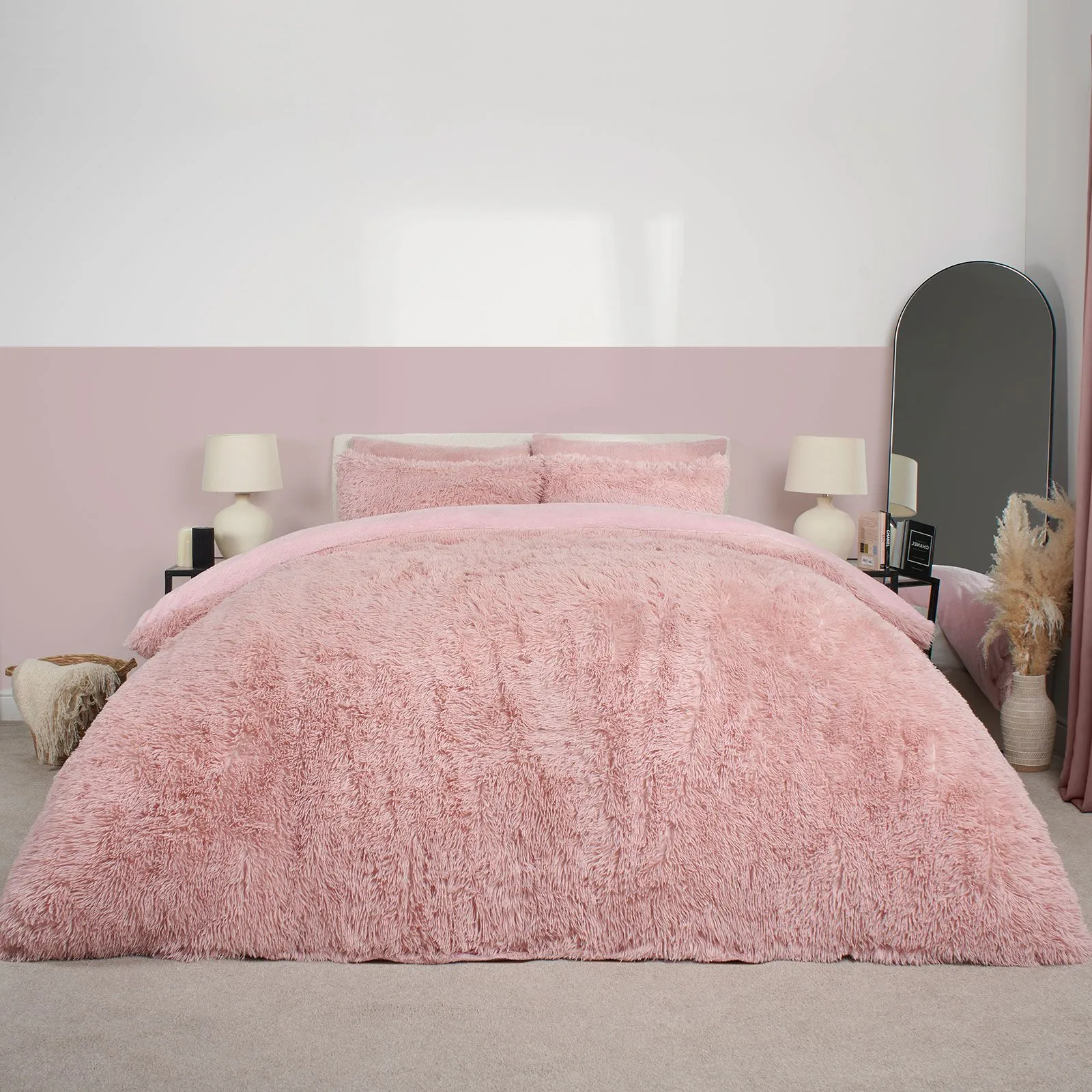 OHS Teddy Duvet Cover Set Bedding Soft Fleece Faux Fur Shaggy in Light Pink