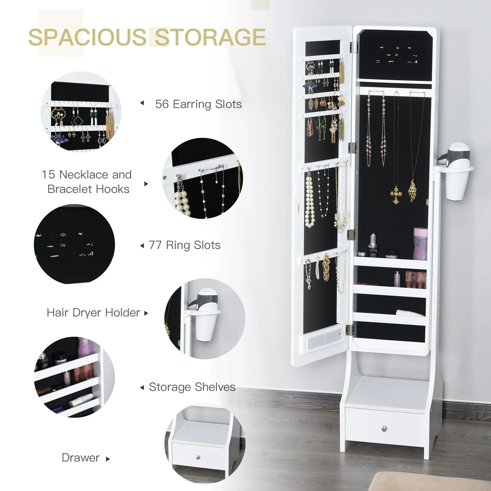 HOMCOM Freestanding Jewellery Cabinet Storage Mirror Armoire in White 6
