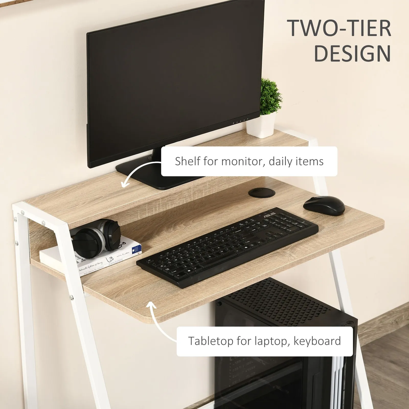 HOMCOM 2-Tier Storage Computer Workstation with Shelf, Metal Frame in Light Brown 4