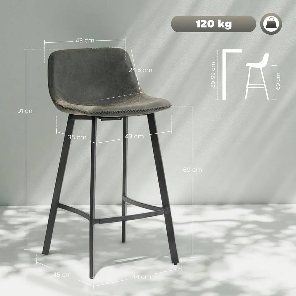 HOMCOM Bar Stools Set of 2, Bar Chairs with Back & Steel Legs in Grey 3