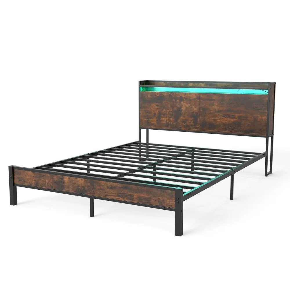Costway King Size Bed Frame with LED Lights & Charging Station in Black