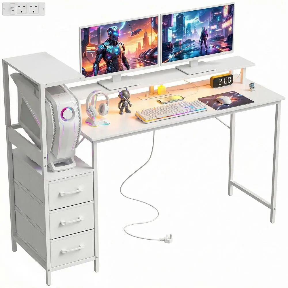 HOMCOM 147cm Gaming Desk with Charging Station & RGB Lights in White 2