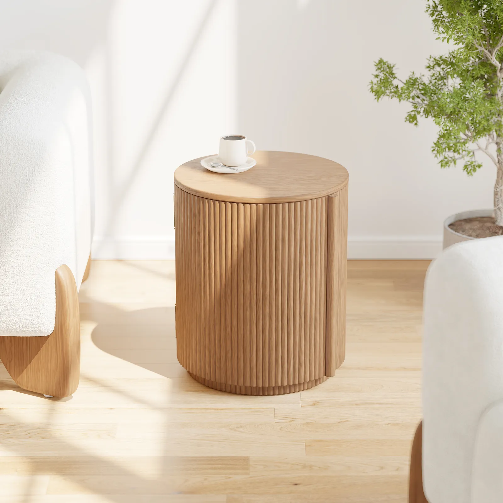 Round Fluted Side Table with Storage