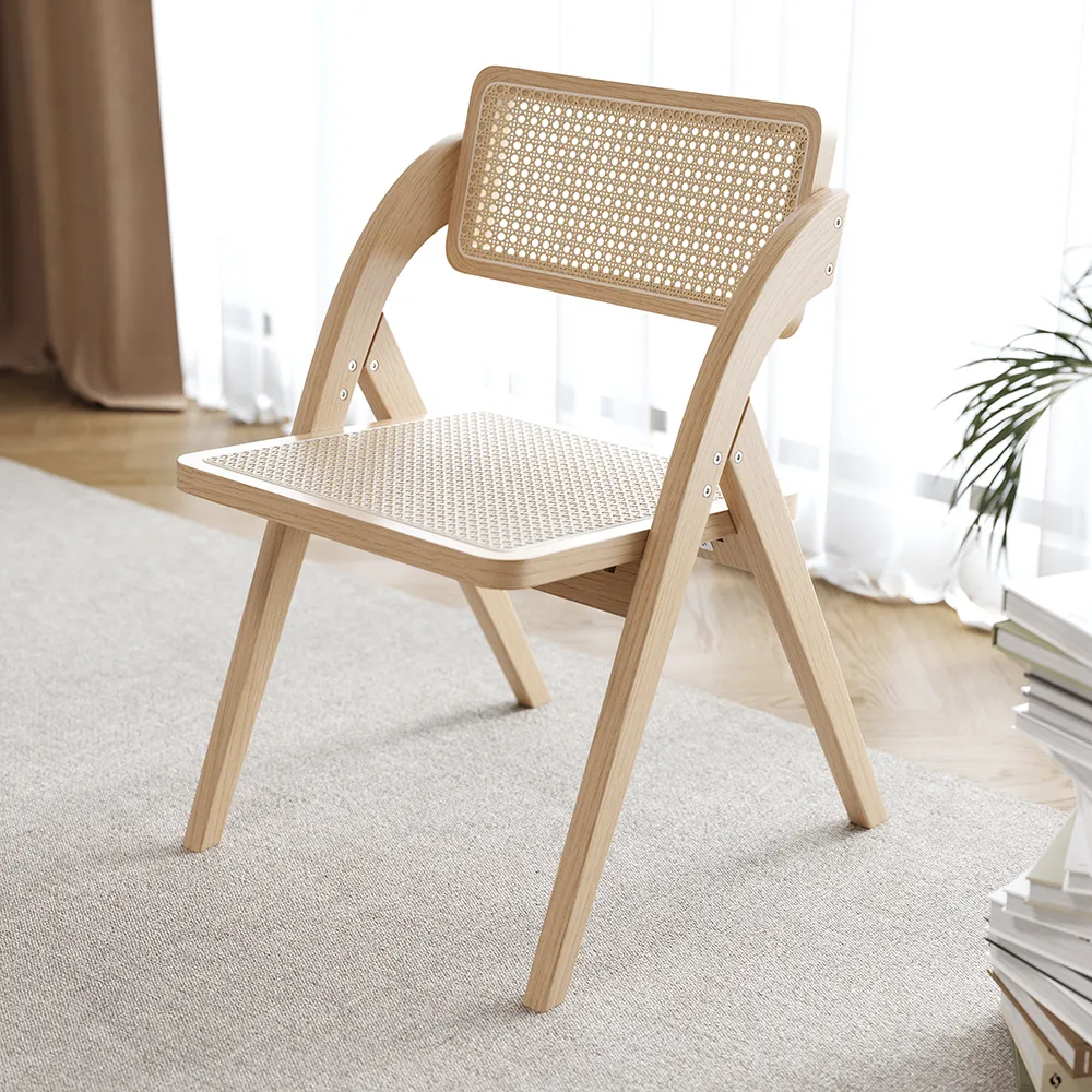 Japandi Dining Chairs Solid Wood Folding Rattan Side Chair Set of 2 Dining Room Chairs