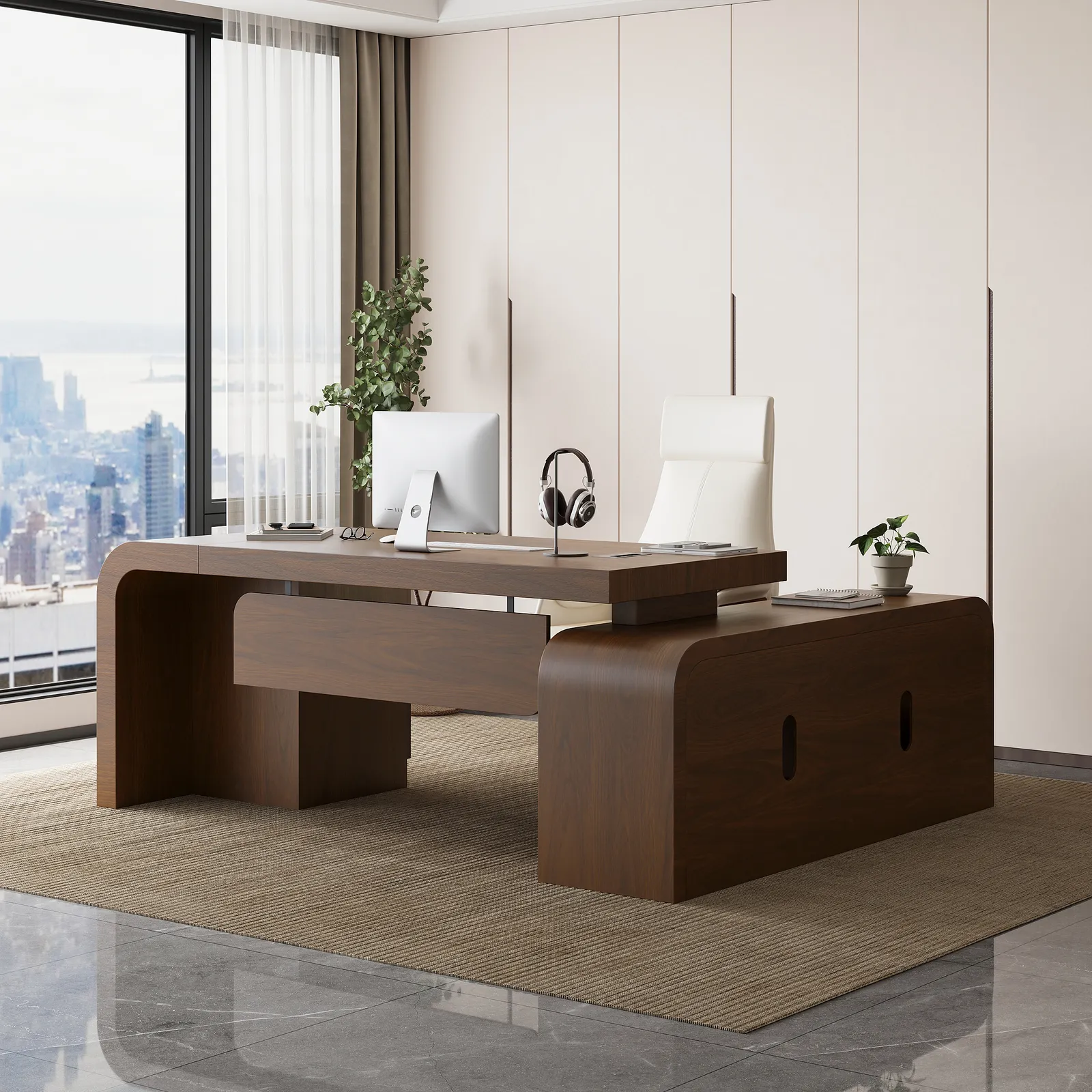 Chicent Walnut L-shaped Modern Computer Desk with Cabinet & Ample Storage Left Hand Office Furniture  (180 cm)