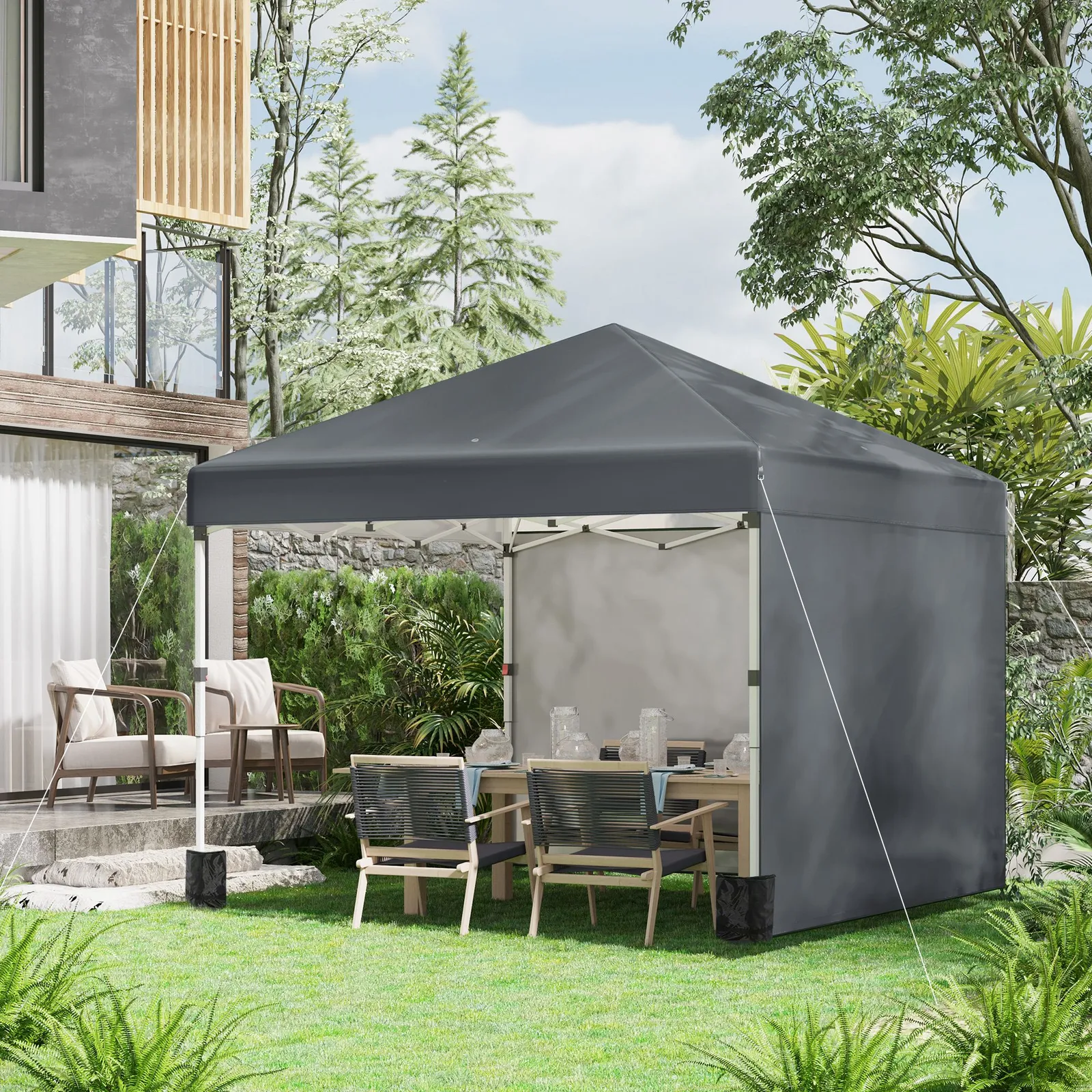 OUTSUNNY 3x3 (M) Pop Up Gazebo Party Tent w/ 2 Sidewalls, Weight Bags in Dark Grey