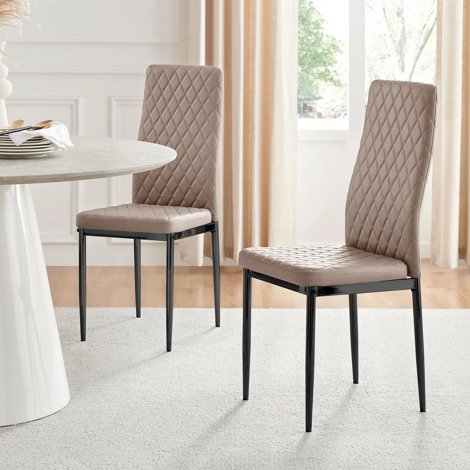 FurnitureboxUK Set of 6 Milan High Back Soft Touch Diamond Pattern Faux Leather Dining Chairs With Black Powder Coated Metal Legs in Beige