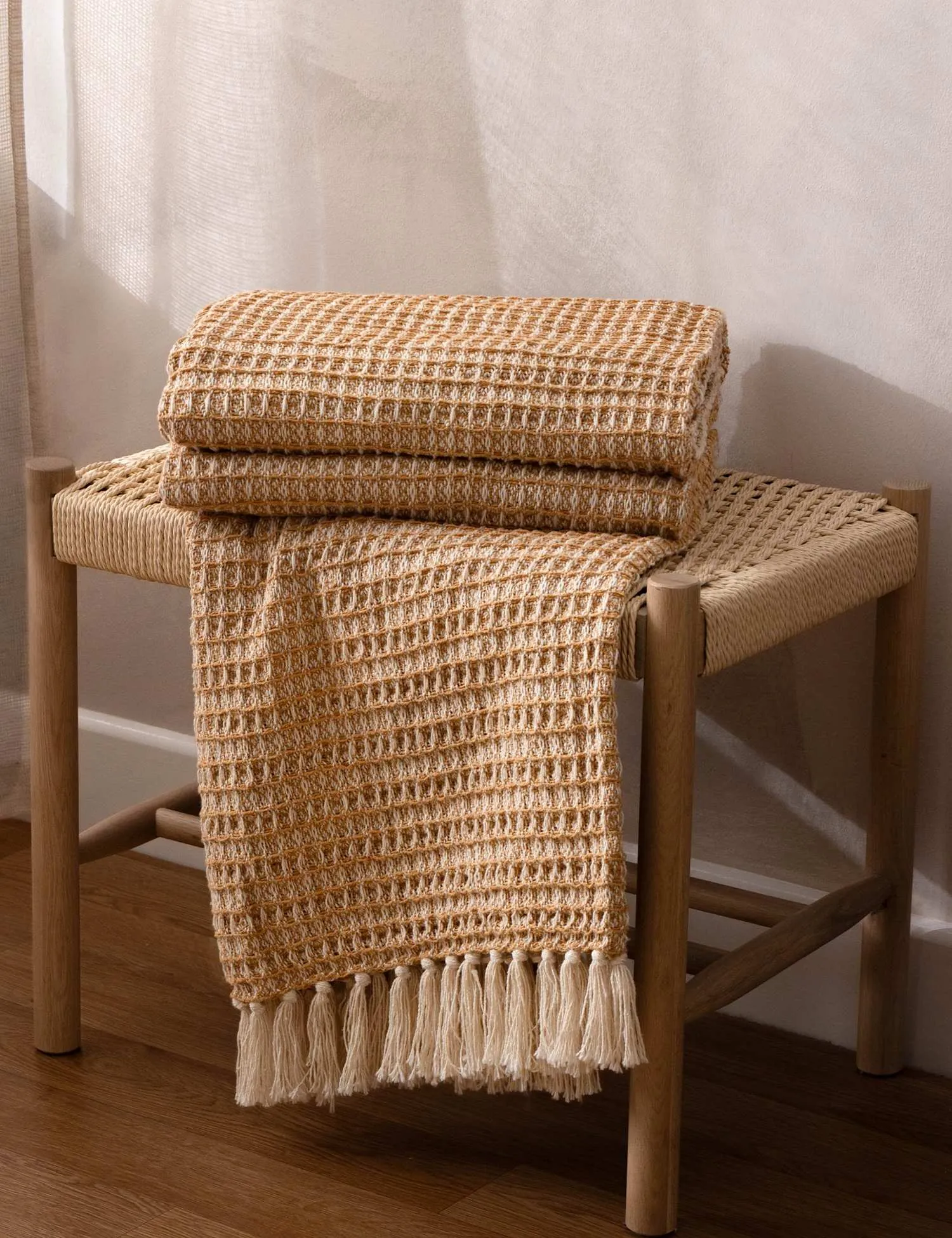 YARD Pure Cotton Waffle Fringed Throw Yellow