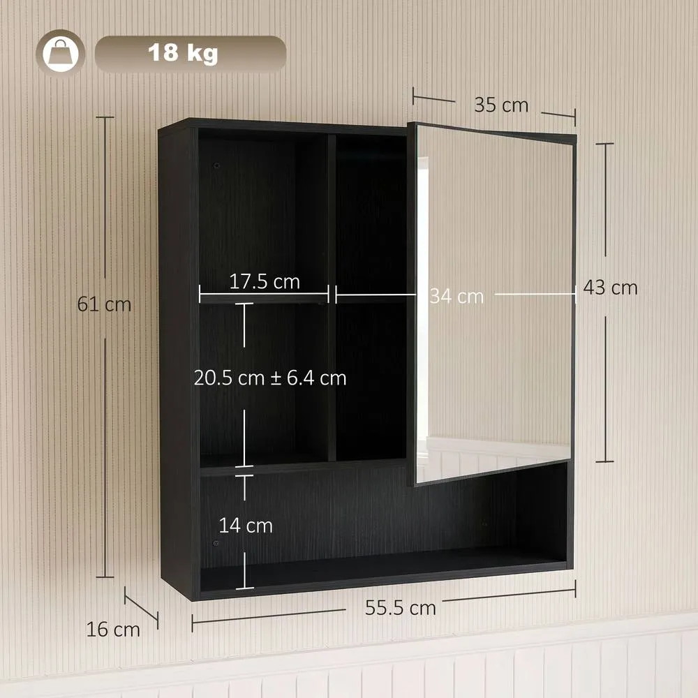 HOMCOM Bathroom Mirror Cabinet, Wall-Mounted, Adjustable Shelves in Black 3