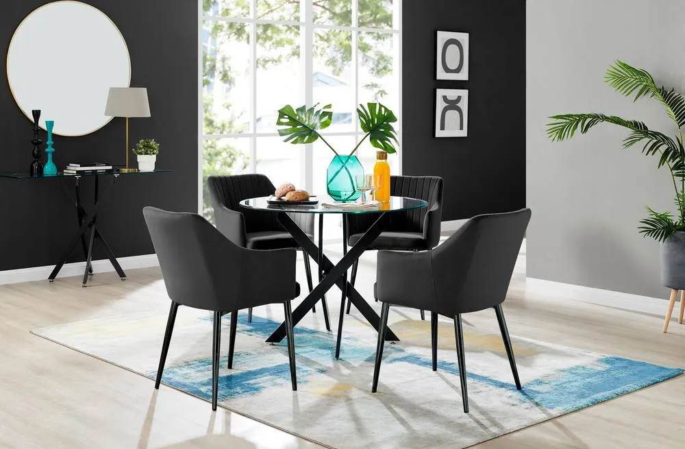 FurnitureboxUK Novara Black Leg Round Glass Table & 4 Black Calla Black Leg Chairs