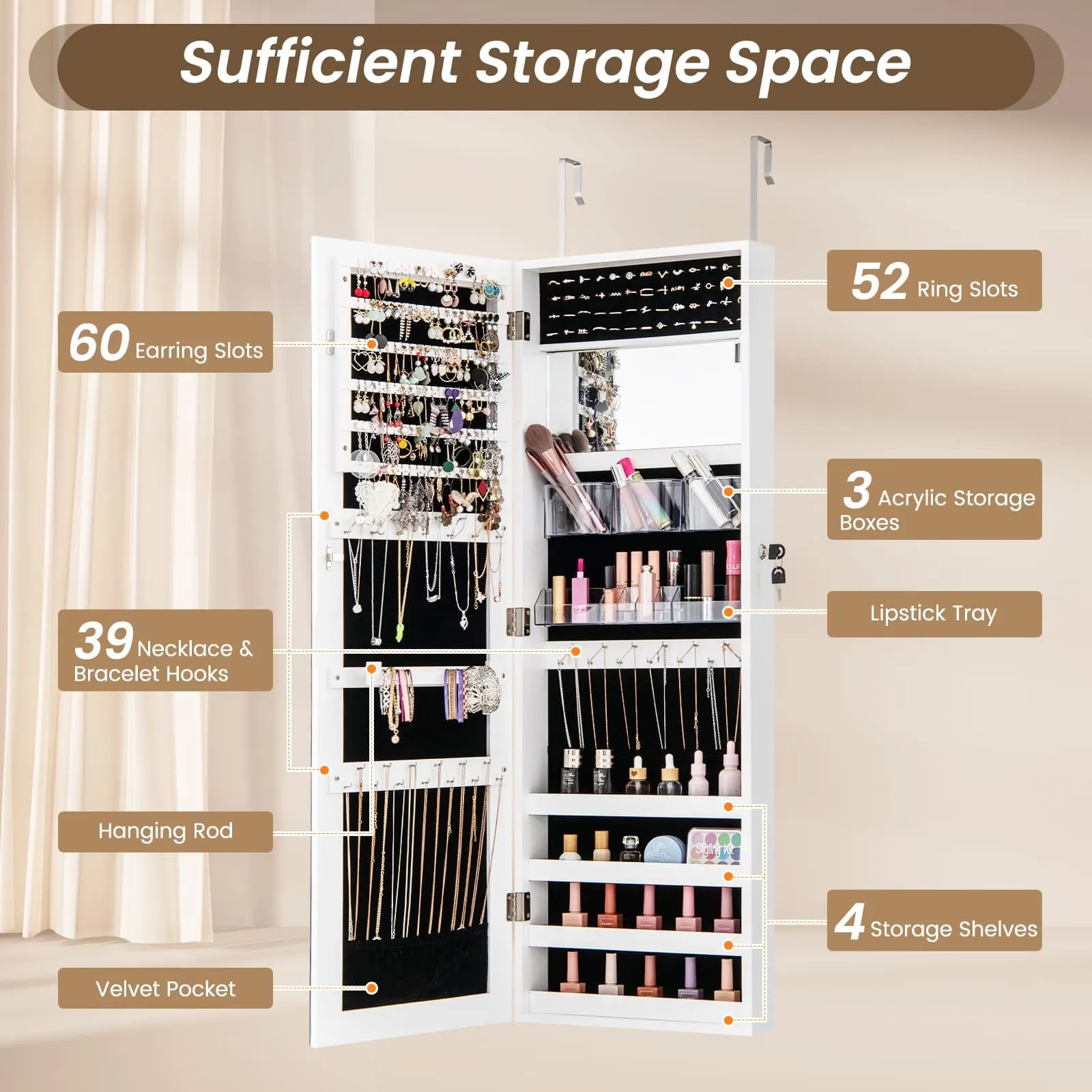 Costway Door Hanging Jewellery Cabinet Wall Mounted Jewelry Armoire w/ Full Length Mirro Lockable Cosmetics Jewellery Organiser Unit in White 5