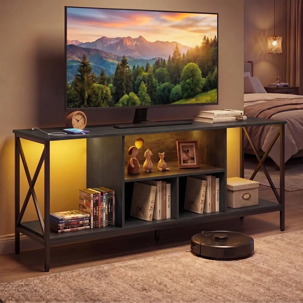 Costway TV Stand LED Lights for 65 Inch TV Power Outlets in Black 3