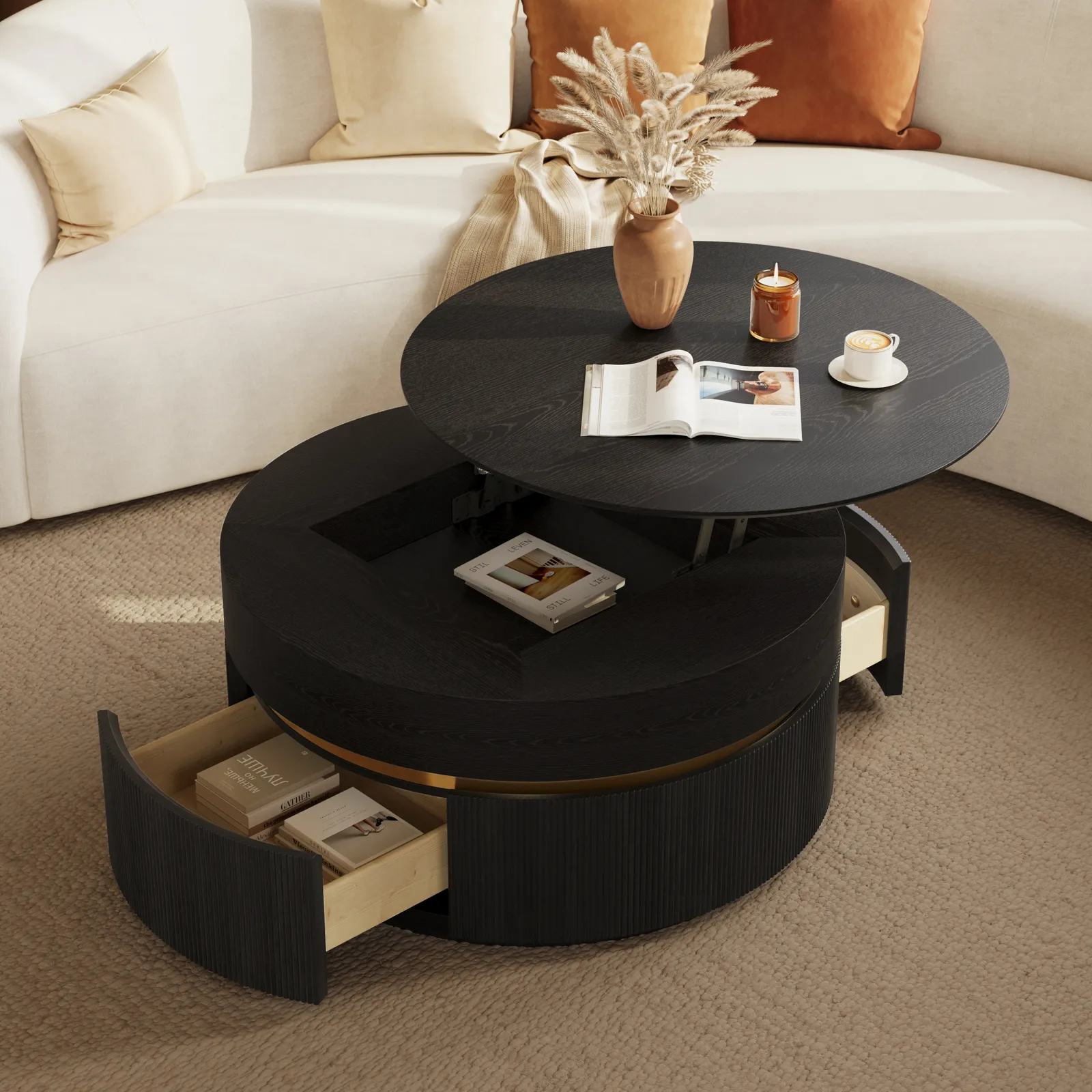 81 cm Fluted Lift-Top Round Coffee Table with 2 Drawers