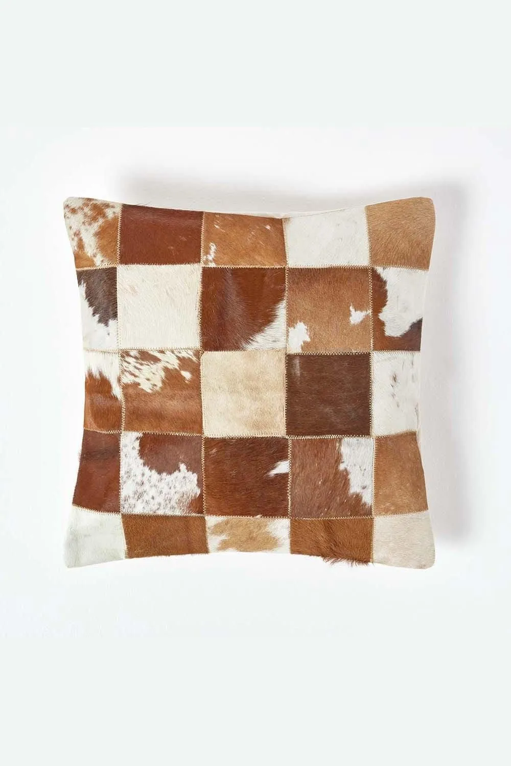 Homescapes Beige & Cream Real Leather & Goat Hair Small Check Cushion with Feather Filling