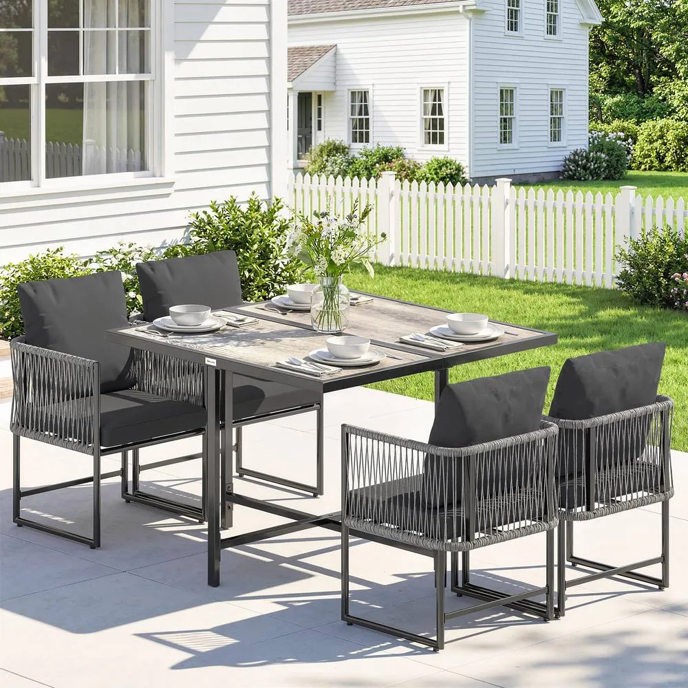 OUTSUNNY 4-Seater Garden Dining Set with Space-Saving Chairs, Black in Grey