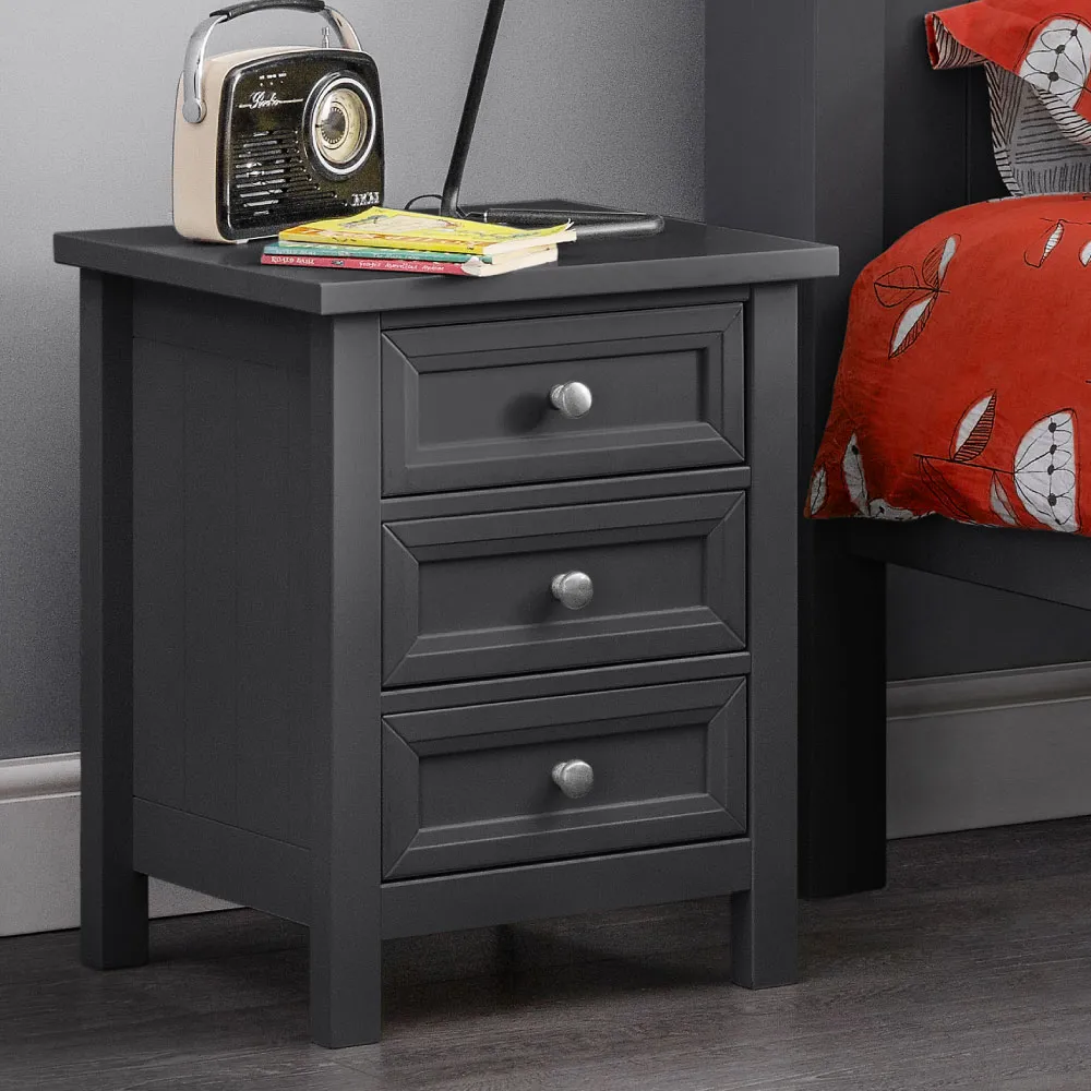 Maine - 3 Drawer Bedside Table - Dark Grey - Wooden - Happy Beds 1