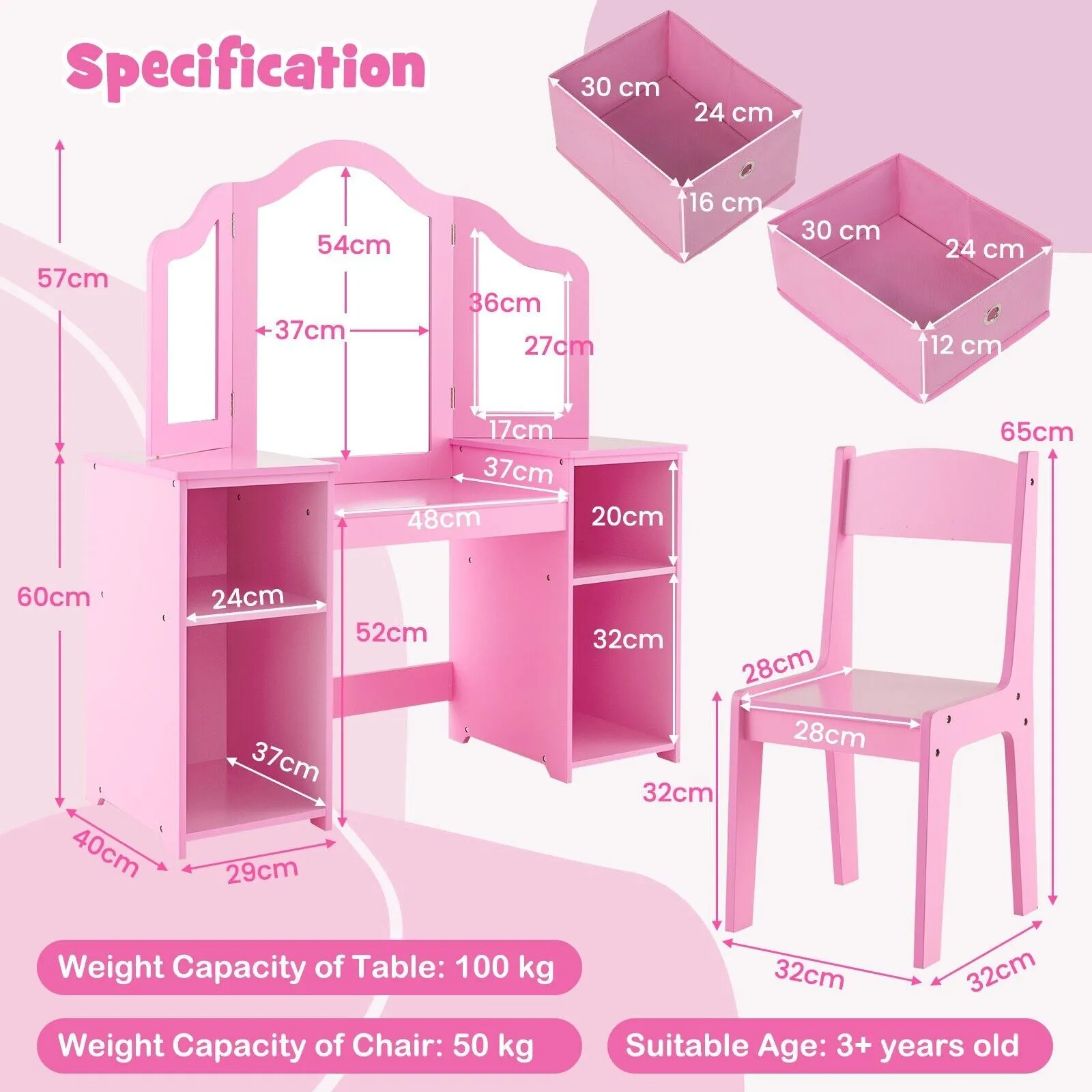Costway 2-in-1 Dressing Table & Chair Set Vanity Table Desk w/ Removable Mirrors in Pink 2