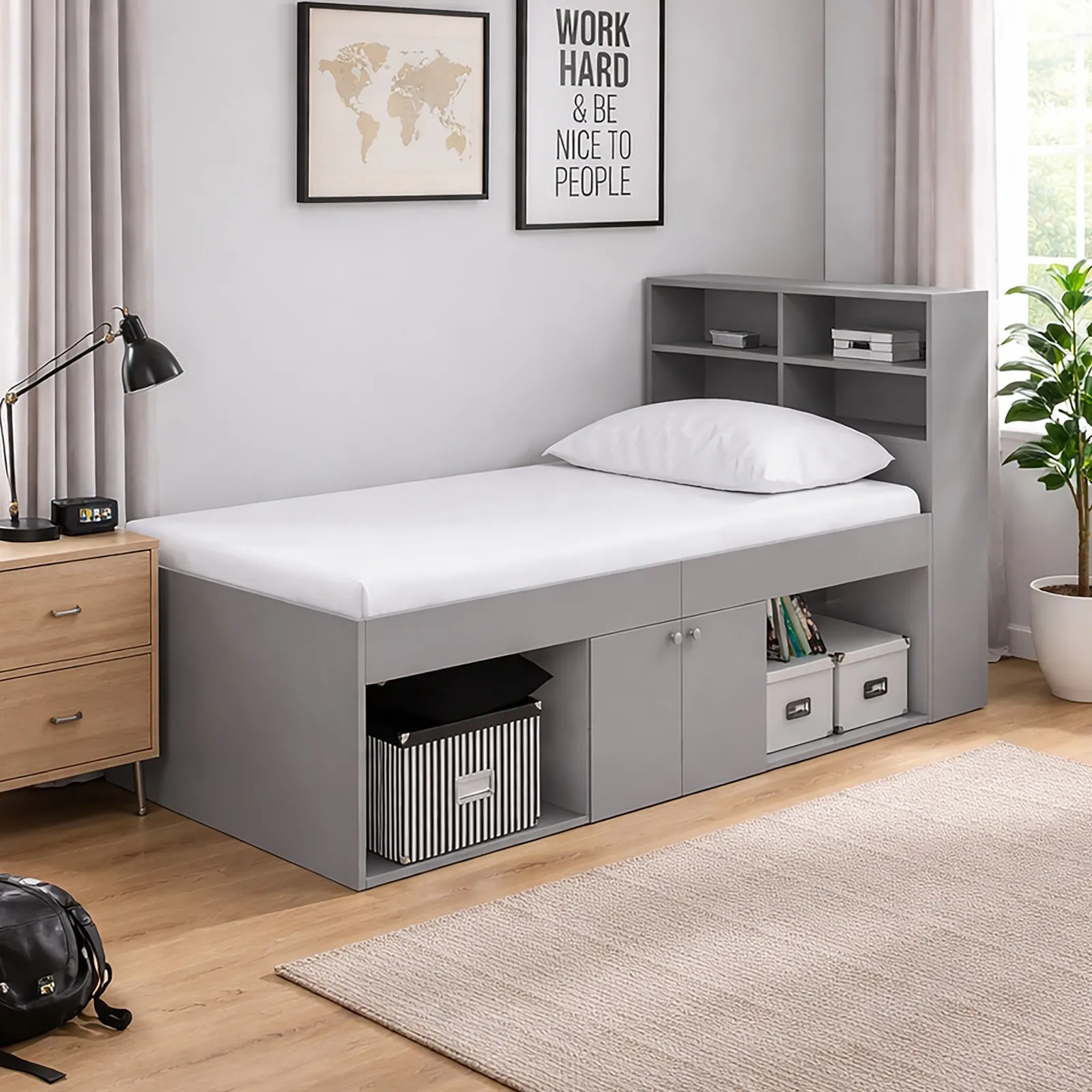 Arctic - Single - Cabin Bed with Open Storage, 2-Door Cupboard and Bookcase Headboard - Grey - Wooden - 3ft 1