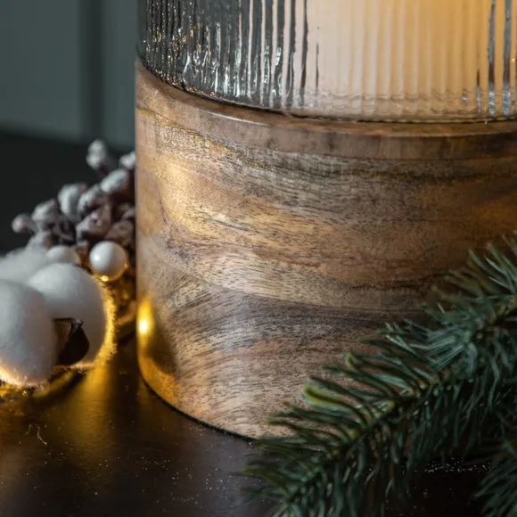 Cedar & Sage Belver Mango Wood & Fluted Glass Hurricane Candle Holder 3