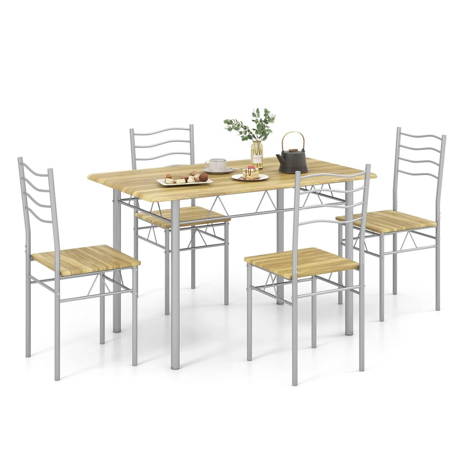 Costway 5 PCS Dining Table Set with Rectangular Tabletop Industrial Kitchen Table 4 Chairs Set in Natural