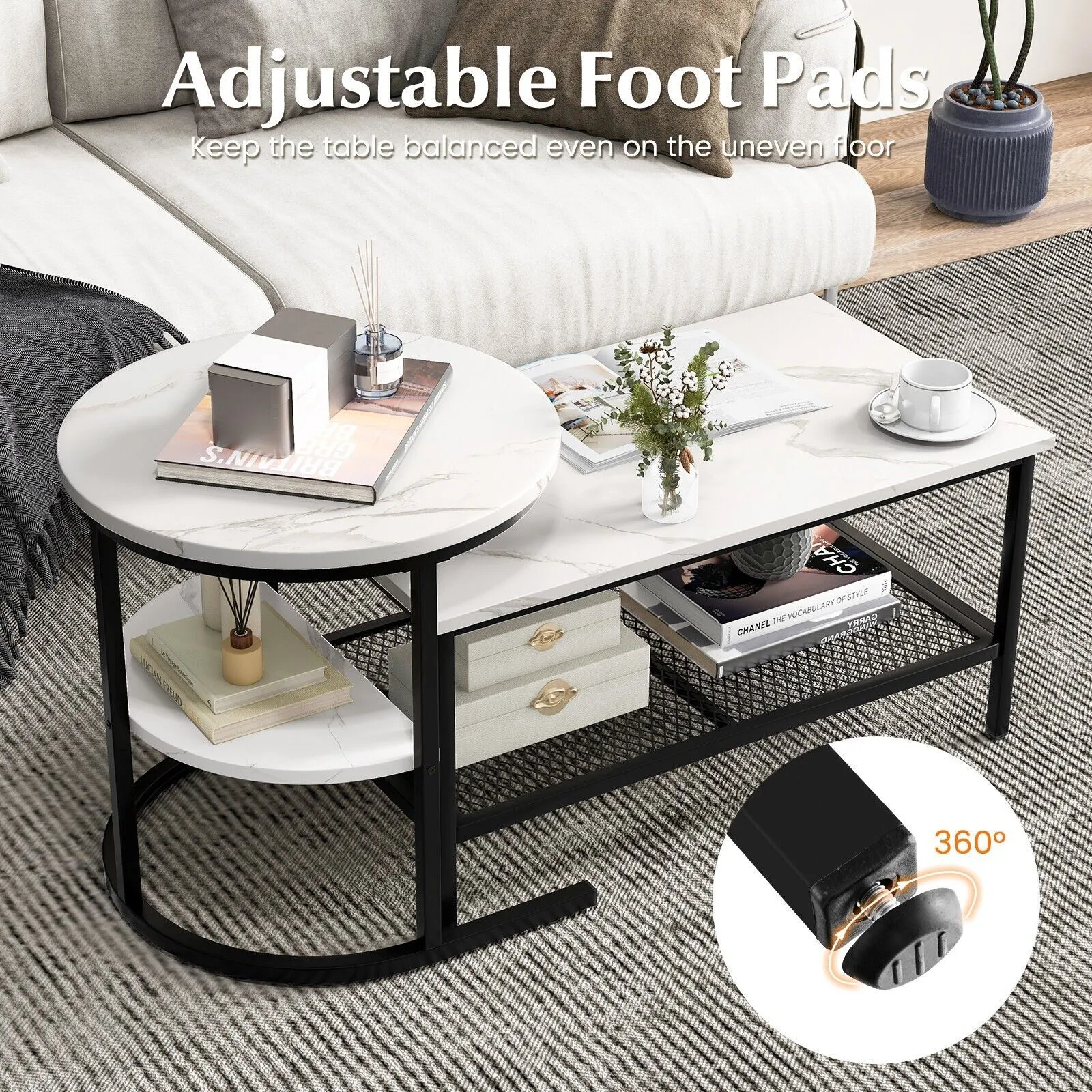 Costway Set of 2 Coffee Nesting Table Set Detachable 2-Tier Sofa Side Table Faux Marble Tabletop in Black 4