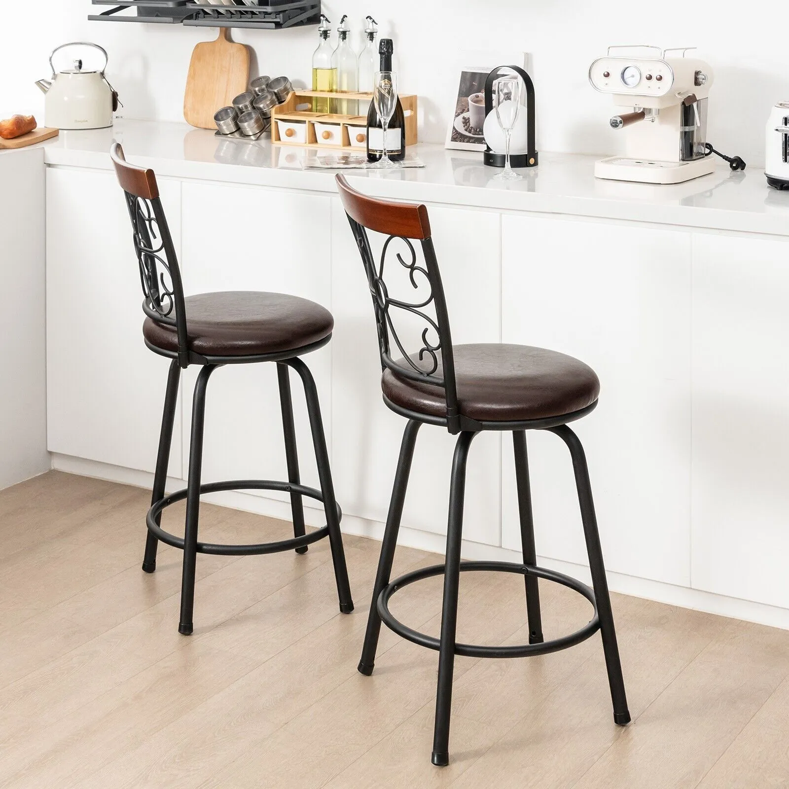 Costway Set of 2 Bar Stool Adjustable Height Swivel Kitchen Dining Chair in Brown 3