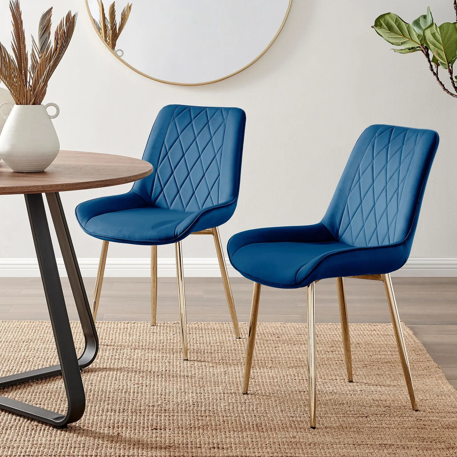 FurnitureboxUK Set of 2 Pesaro Luxury Soft Touch Diamond Pattern Velvet Dining Chairs With Gold Chrome Metal Legs in Navy
