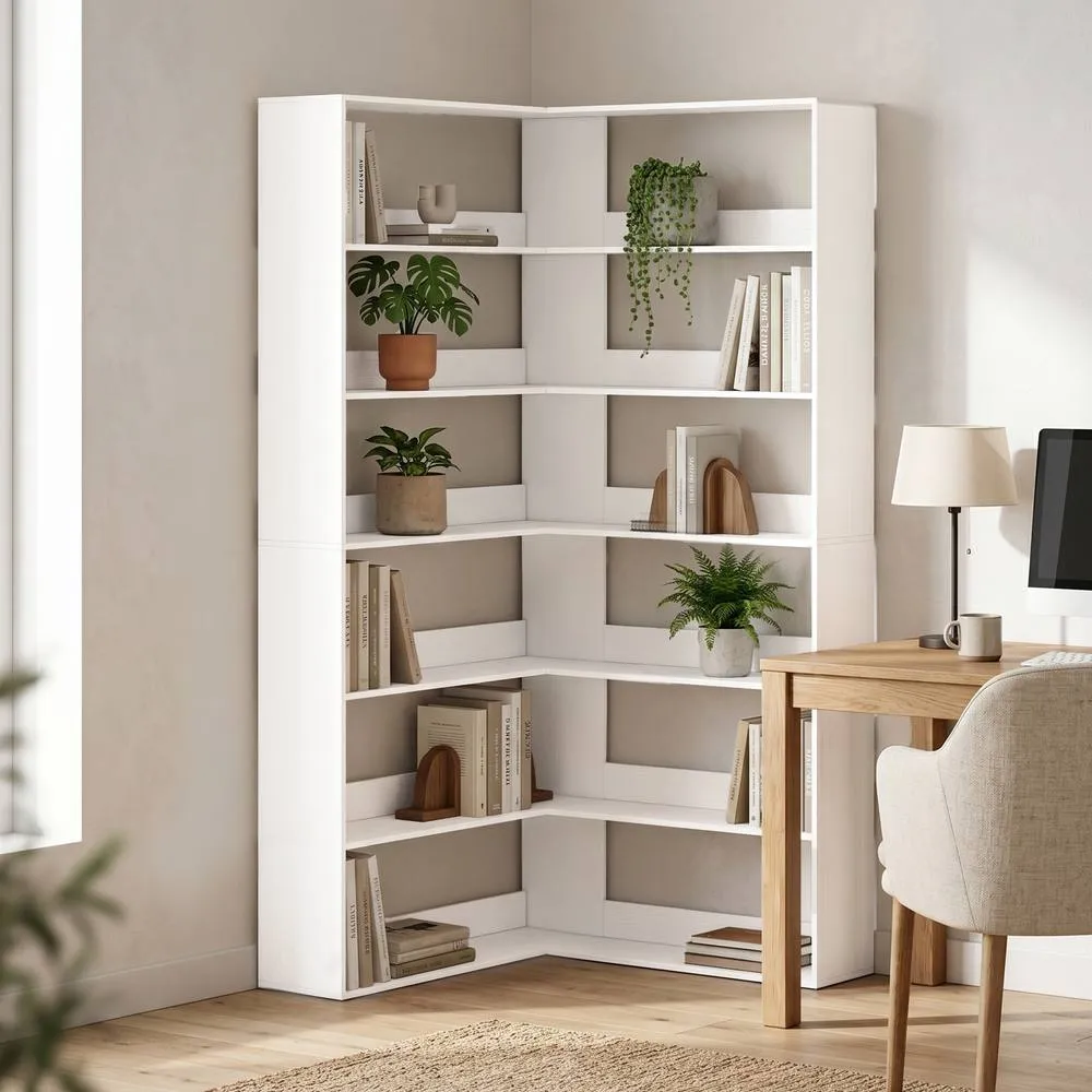 HOMCOM 7 Tiers Corner Bookshelf, L-Shaped, White Wood Effect