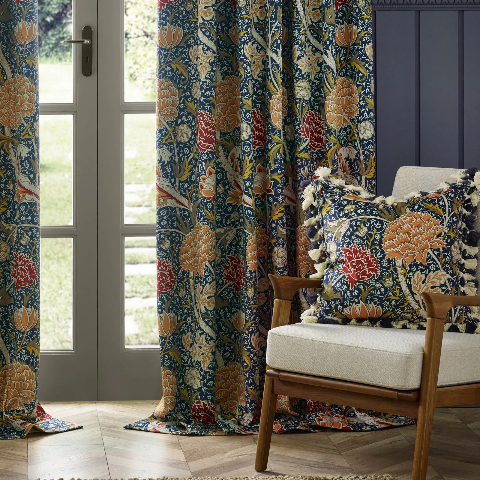 Morris & Co Cray Floral Velvet Room Darkening Pencil Pleat Curtains in Indigo 4