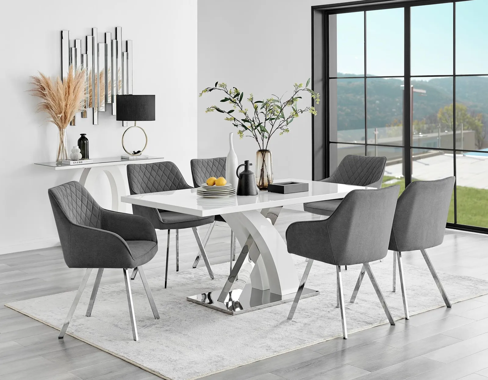 FurnitureboxUK Atlanta 6 White Dining Table & 6 Falun Silver Leg Chairs in Dark Grey