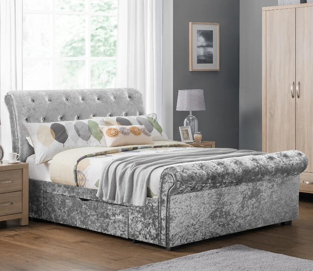 Verona Silver Crushed Velvet 2 Drawer Storage Bed Frame - 4ft6 Double
