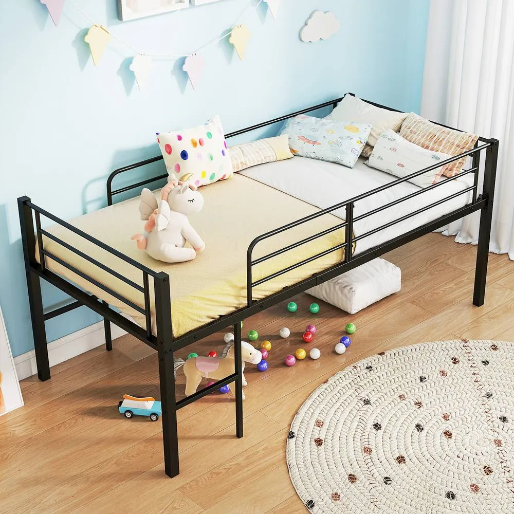 Costway Single Size Low Loft Bed Metal Bed Frame w/ Guardrails & 2 Ladders in Black 4