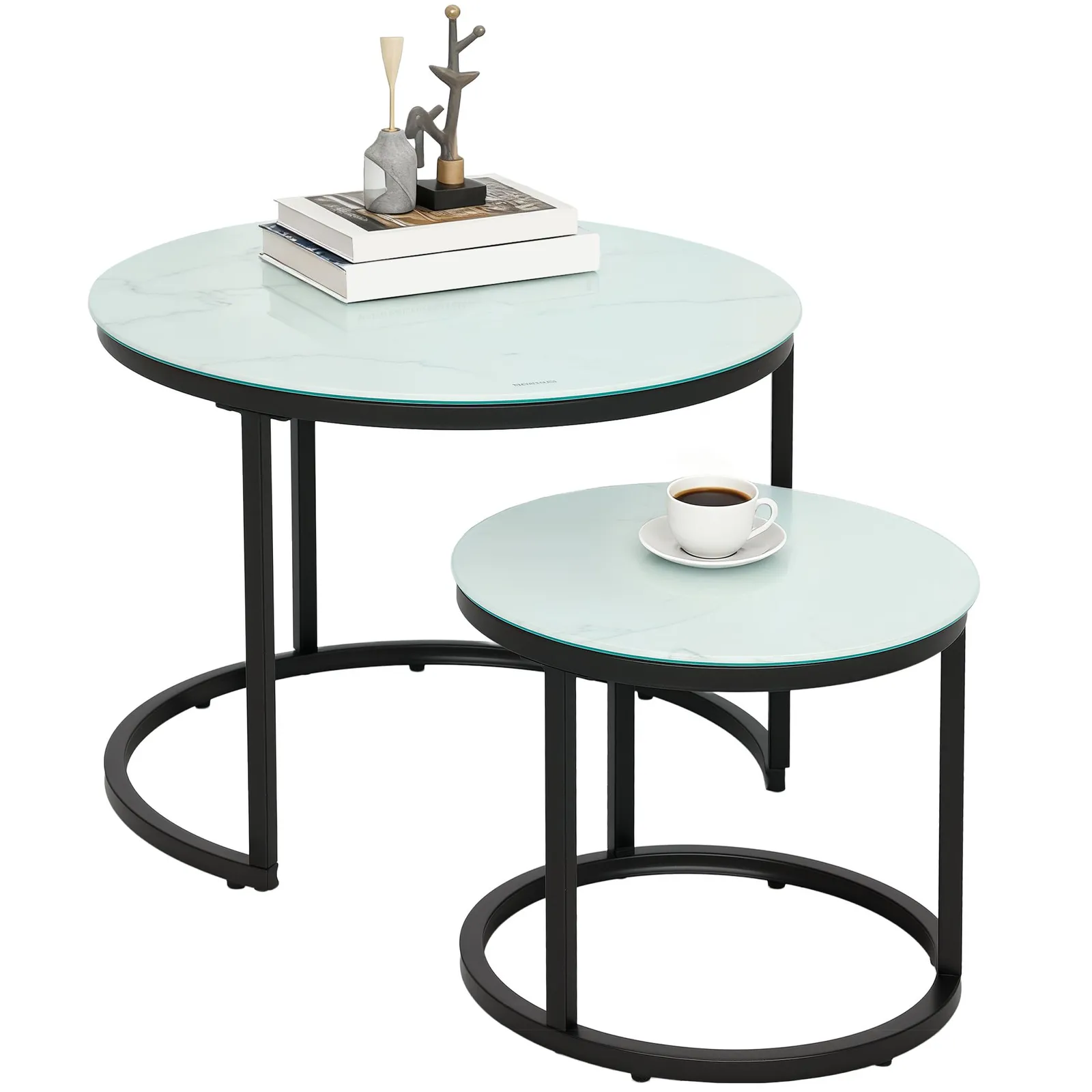 HOMCOM Glass Coffee Table Set of 2, Round Nest of Tables, White 2