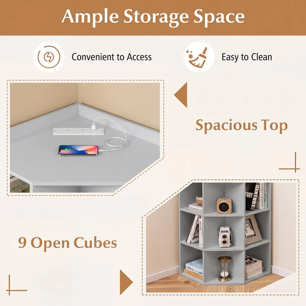 Costway 4-Tier Wooden Corner Bookcase 9 Cubbies Bookshelf w/ Charging Station in Grey 6