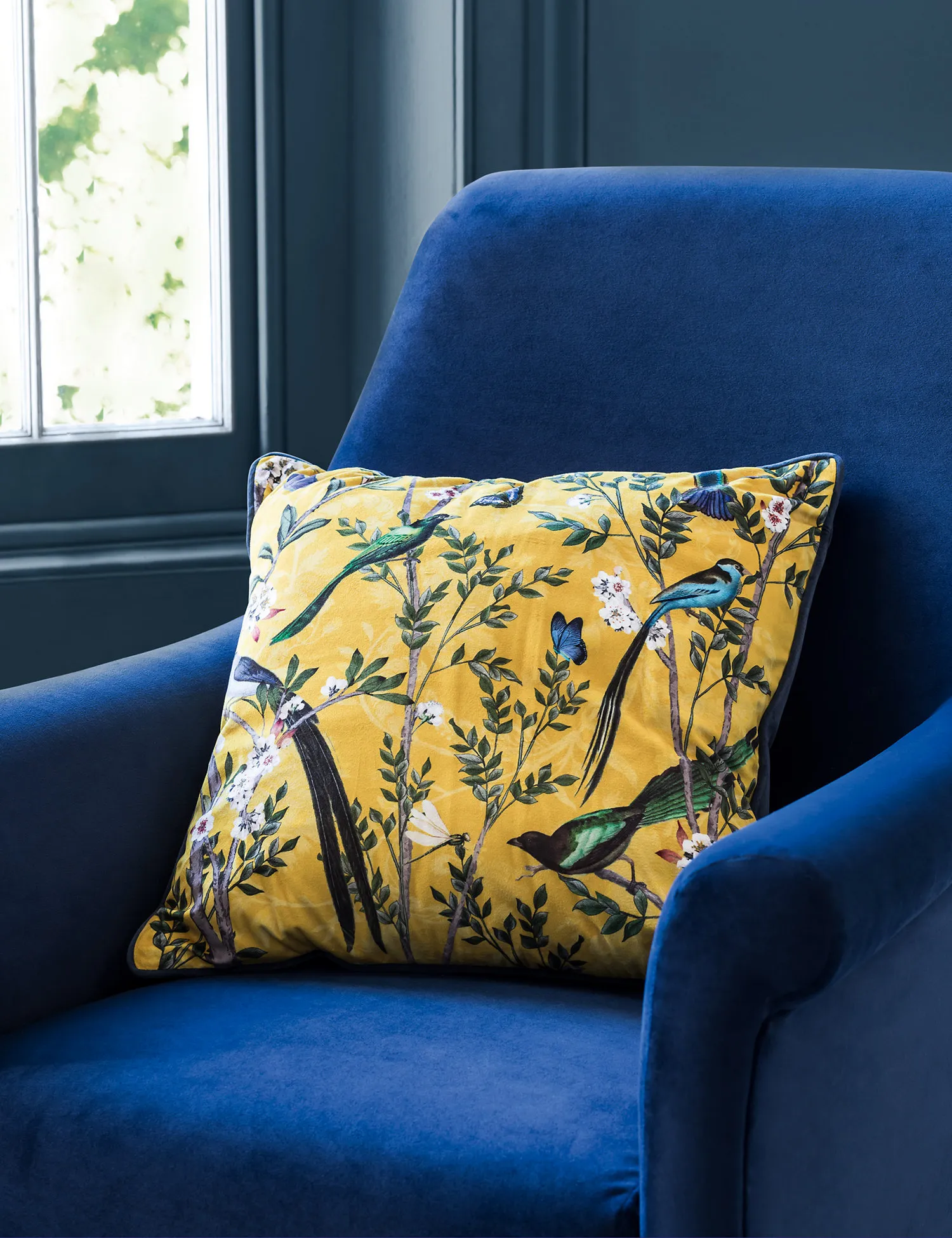 M&S Velvet Spring Bird Cushion Ochre