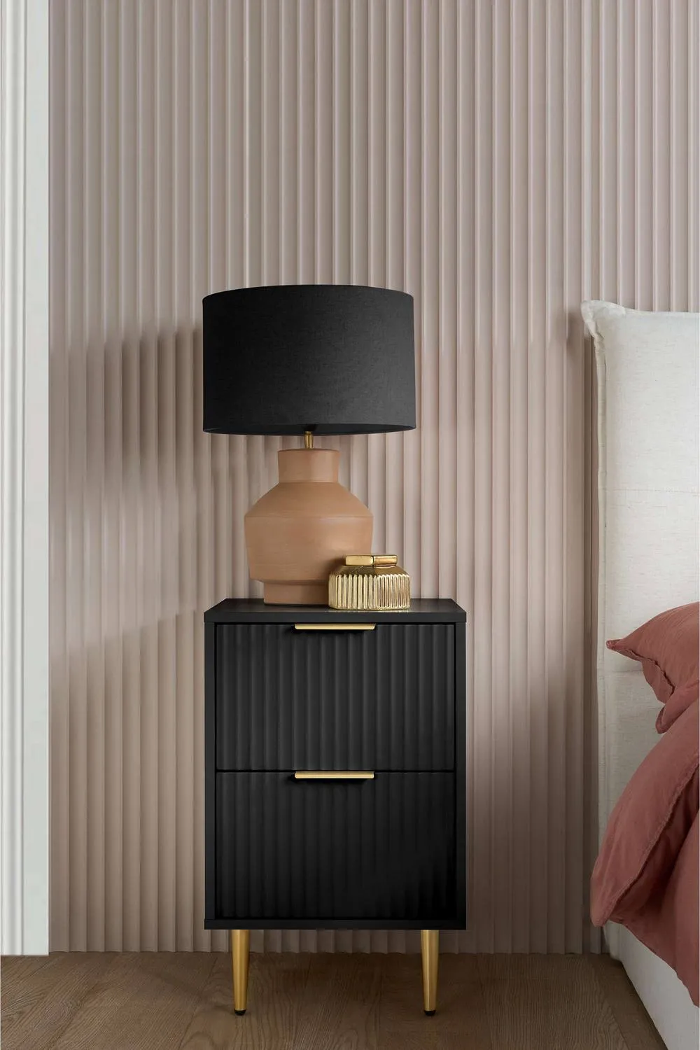 Birlea Zaza Black Bedside Cabinet 2 Drawer Fluted BedsideTable Chest