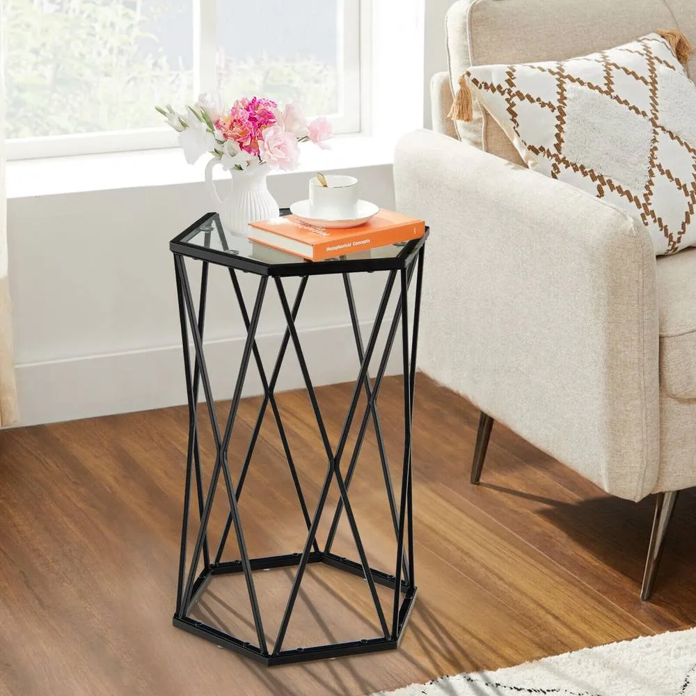 Costway Hexagonal Glass Coffee Table Metal Frame Sofa Side Table Modern End Table in Black 5
