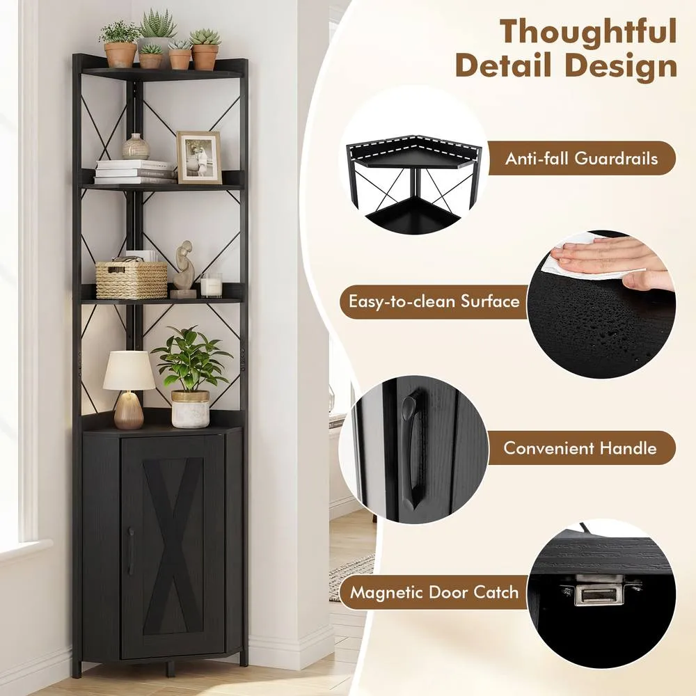 Costway Modern Corner Shelf 180cm Tall Corner Cabinet Bookshelf Display Rack in Black 5